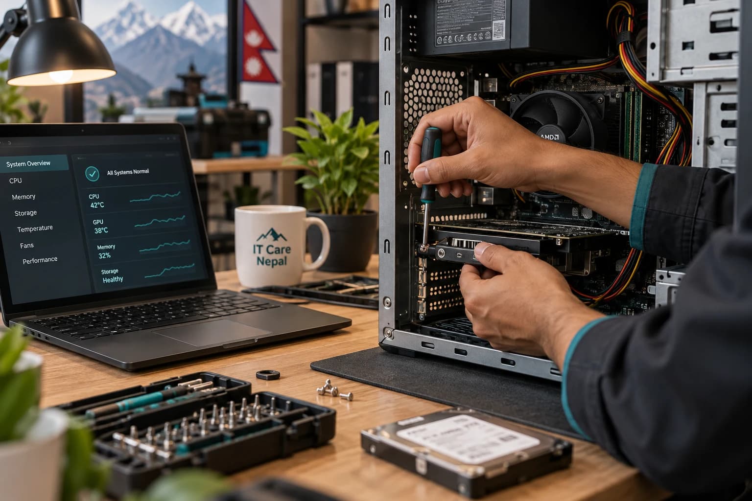 Illustration of a technician servicing a desktop computer